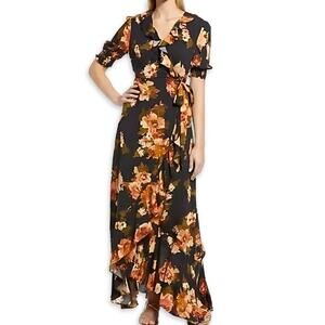 BTFL-Life Wrap Dress Maxi Length Ruffle Hem Floral Print Multicolor Women’s XS